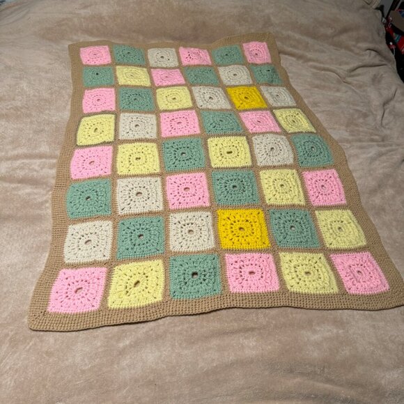 Vintage Blue Crochet Afghan Handmade Boho Chic Granny Squares 61” x 46” - Picture 2 of 7